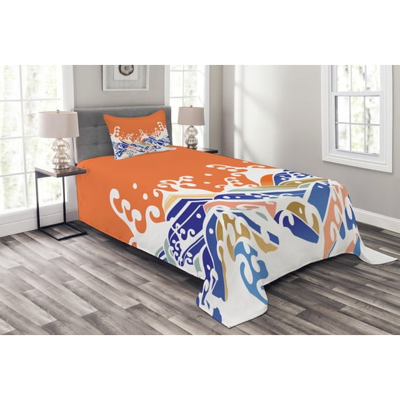 Ambesonne Japanese Wave Quilted Bedspread Set 2 Pcs, Vibrant Spindrift, Twin Size, Multicolor