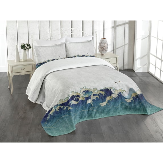Ambesonne Japanese Wave Quilted Bedspread Set 3 Pcs, Aquatic Swirls, King Size, Grey Blue Cream