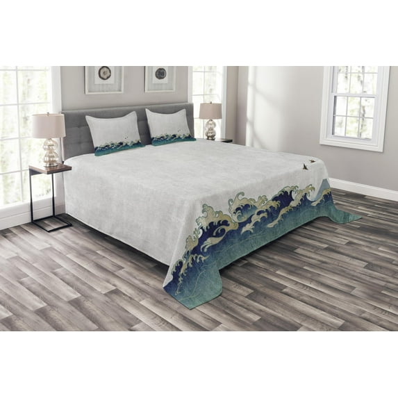 Ambesonne Japanese Wave Quilted Bedspread Set 3 Pcs, Aquatic Swirls, Queen Size, Grey Blue Cream