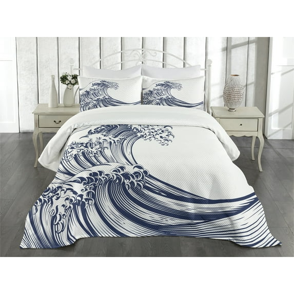 Ambesonne Japanese Wave Quilted Bedspread Set 3 Pcs, Oriental Vintage, King Size, Navy Blue White