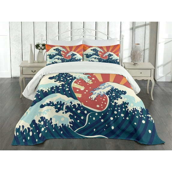 Ambesonne Japanese Wave Quilted Bedspread Set 3 Pcs, Sunset Surf Water, King Size, Multicolor