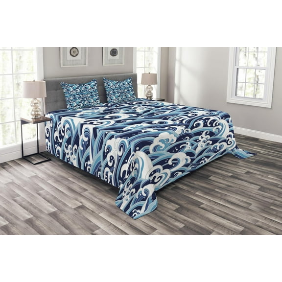 Ambesonne Japanese Wave Quilted Bedspread Set 3 Pcs, Water Splash Foam, Queen Size, Pale Blue Navy Blue