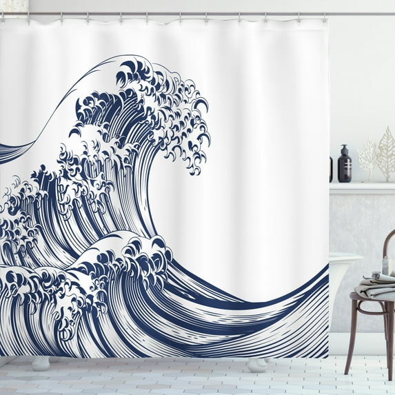 Ambesonne Japanese Wave Shower Curtain, Oriental Vintage, 69"Wx70"L, Navy Blue White