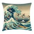 thumbnail image 1 of Ambesonne Japanese Wave Throw Pillow Cushion Cover, Surfers Ukiyo-e Ocean, 20" X 20", Seafoam Blue Eggshell, 1 of 2