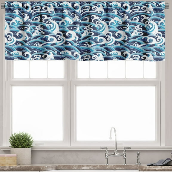 Ambesonne Japanese Wave Valance Pack of 2, Water Splash Foam, 54"X18", Pale Blue Navy Blue
