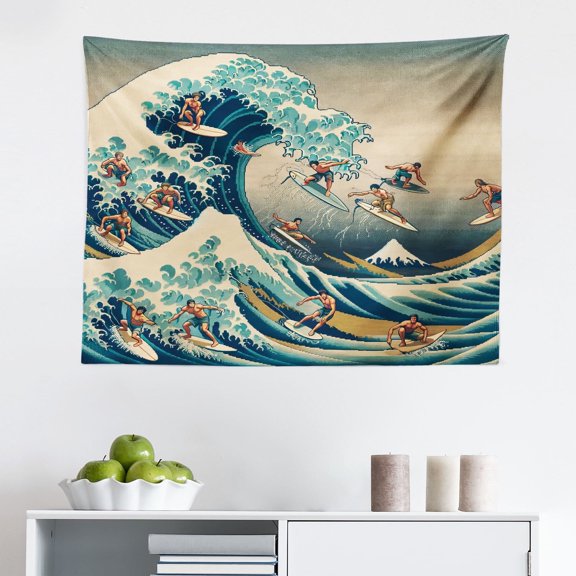 Ambesonne Japanese Wave Wall Hanging Tapestry, Surfers Ukiyo-e Ocean, 28"x23", Seafoam Blue Eggshell