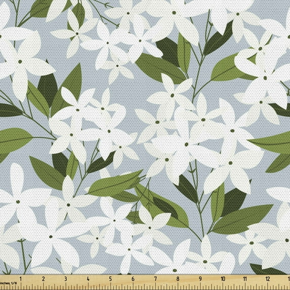 Ambesonne Jasmine Fabric by the Yard Upholstery, Pastel Botany Garden Art, 10 Yards, Purpleblue Olive Green