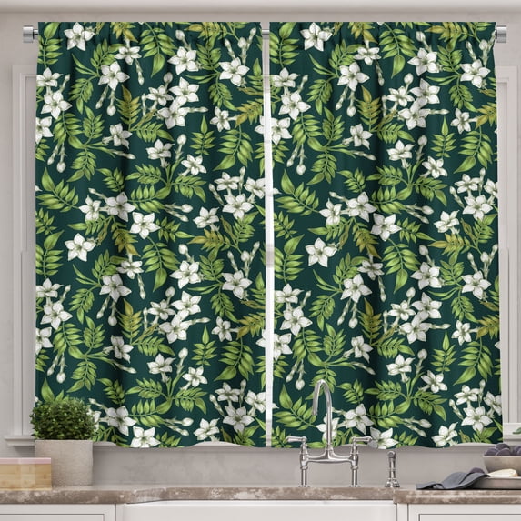 Ambesonne Jasmine Kitchen Curtains, Awakening Floral Buds, 55"x39", Apple Green Off White