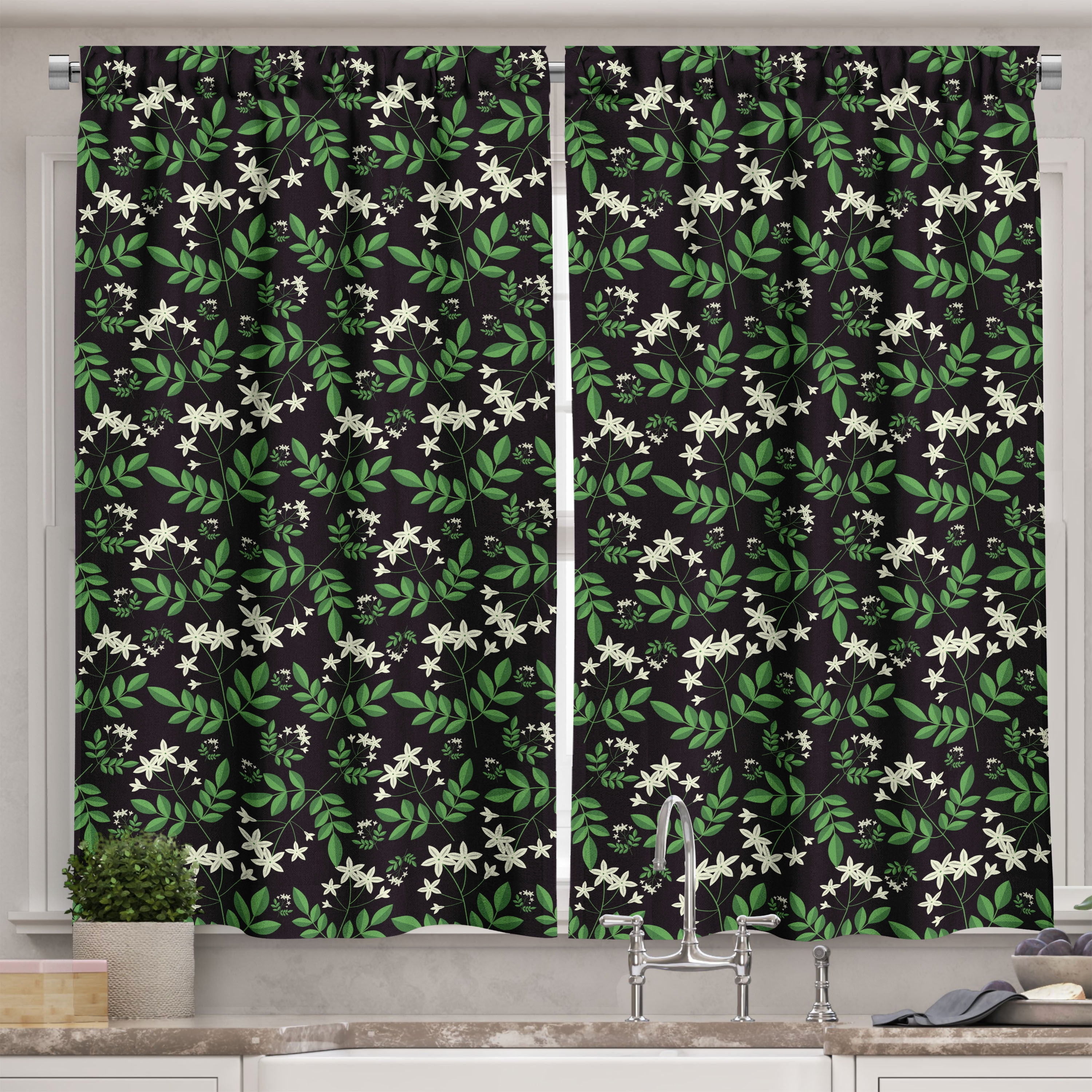 Ambesonne Jasmine Kitchen Curtains, Botanical Floral Branches, 55"x39 ...