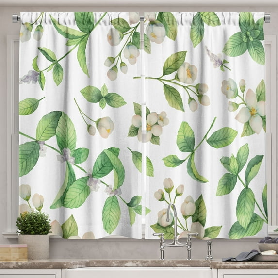 Ambesonne Jasmine Kitchen Curtains, Springtime Floral Buds, 55"x39", Pale Green Fern Green