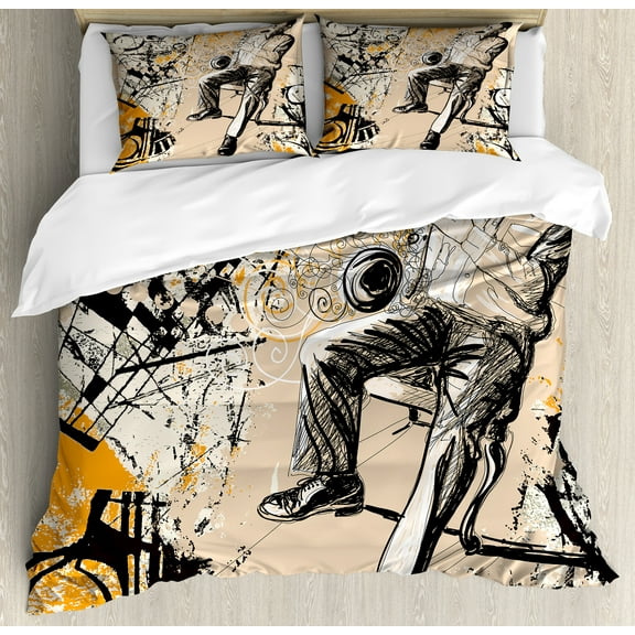 Ambesonne Jazz Duvet Cover Set, Saxophone Music Rythim, Calking, Marigold Tan Black