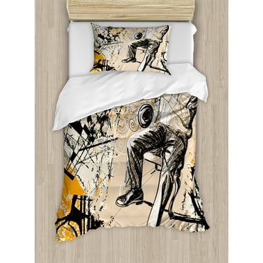 Ambesonne Jazz Duvet Cover Set, Saxophone Music Rythim, Twin, Marigold Tan Black