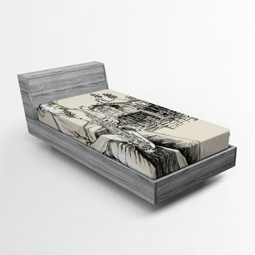 Ambesonne Jazz Fitted Sheet, River Bank Palm Trees, Twin Size, Beige Black