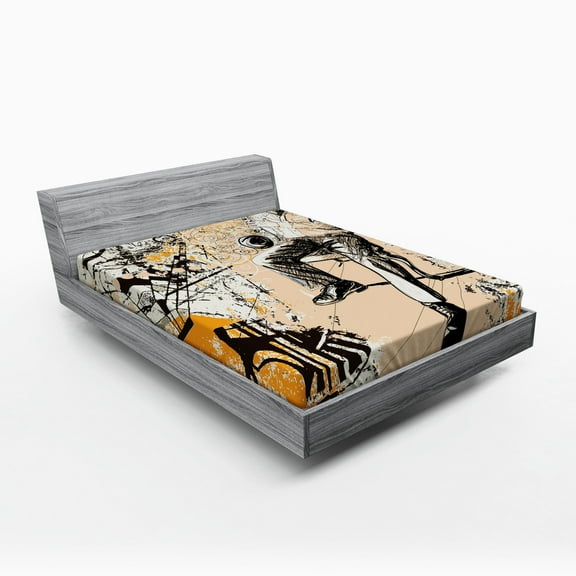 Ambesonne Jazz Fitted Sheet, Saxophone Music Rythim, Full Size, Marigold Tan Black