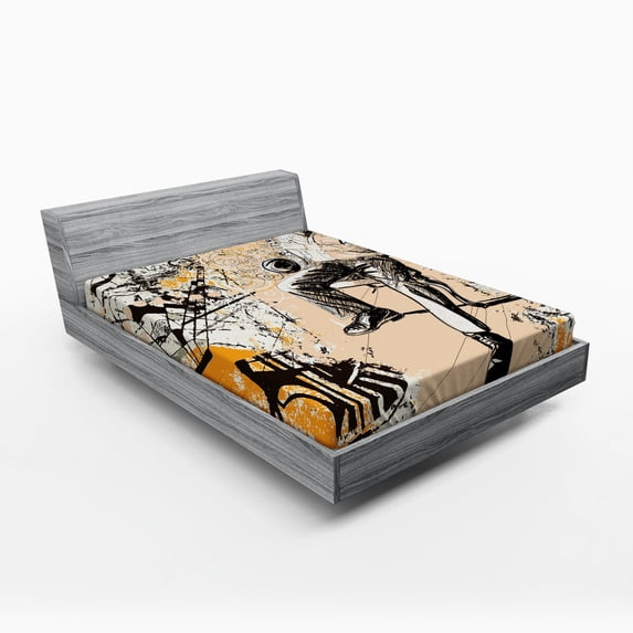 Ambesonne Jazz Fitted Sheet, Saxophone Music Rythim, Queen Size, Marigold Tan Black