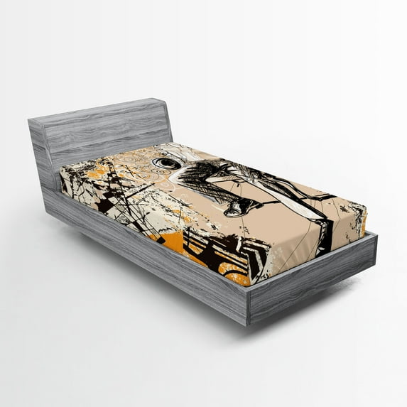 Ambesonne Jazz Fitted Sheet, Saxophone Music Rythim, Twin XL Size, Marigold Tan Black