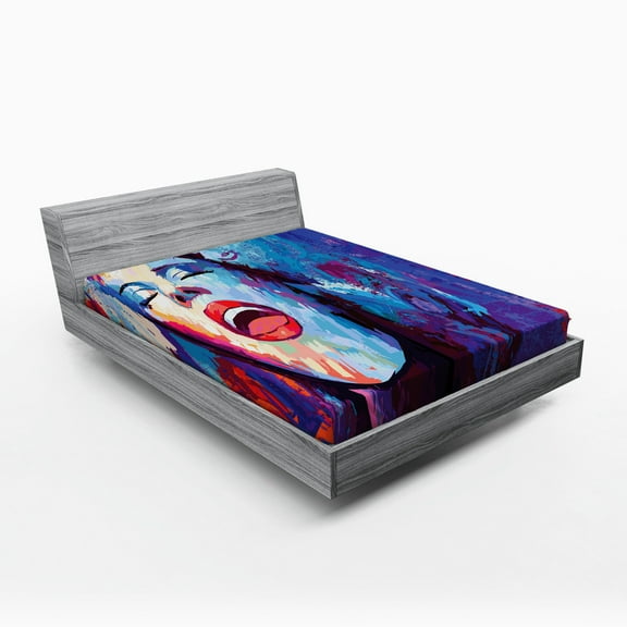 Ambesonne Jazz Fitted Sheet, Singer Woman Performance, Full Size, Blue Purple Red