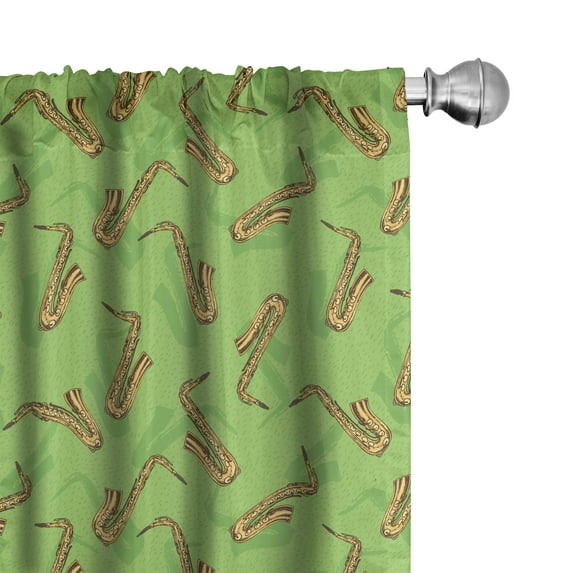 Ambesonne Jazz Music Window Curtains, Saxophones on Green, Each 28" W x 63" L, Green Yellow Brown