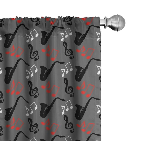 Ambesonne Jazz Music Curtains, Notes Clef Saxophone, Pair of 28"x95", Grey Black Red