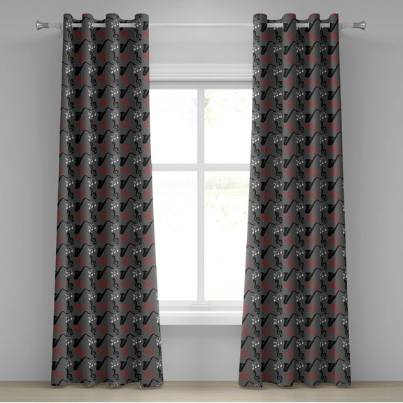 Ambesonne Jazz Music Grommet Curtain, Notes Clef Saxophone, 50" x 96", Grey Black Red