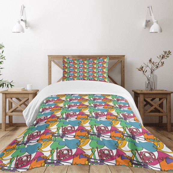 Ambesonne Jazz Music Quilted Bedspread Set 2 Pcs, Abstract Retro Party, Twin Size, Multicolor