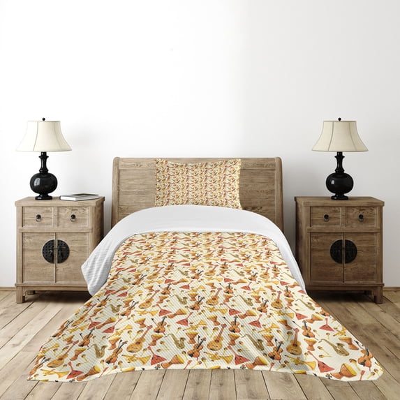 Ambesonne Jazz Music Quilted Bedspread Set 2 Pcs, Folk Music Ensemble, Twin Size, Multicolor