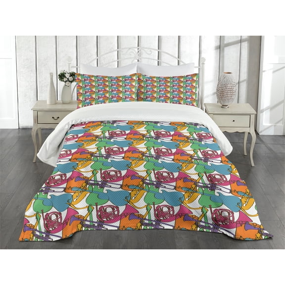 Ambesonne Jazz Music Quilted Bedspread Set 3 Pcs, Abstract Retro Party, Queen Size, Multicolor