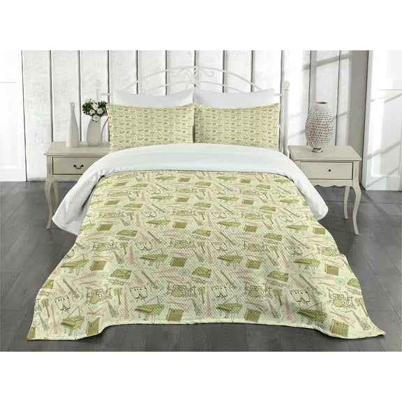 Ambesonne Jazz Music Quilted Bedspread Set 3 Pcs, Doodle Equipment, Queen Size, Blush Khaki and Beige