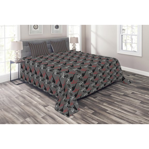 Ambesonne Jazz Music Quilted Coverlet 3 Pcs, Notes Clef Saxophone, King Size, Grey Black Red