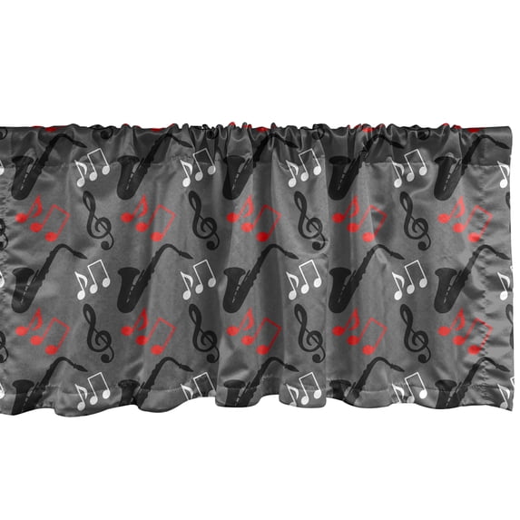 Ambesonne Jazz Music Window Valance, Notes Clef Saxophone, 54" X 18", Grey Black Red