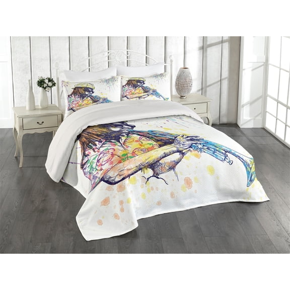 Ambesonne Jazz Quilted Coverlet 3 Pcs, Entertainment Vivid Art, Queen Size, Purple Yellow