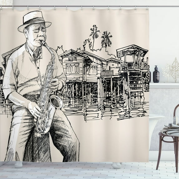 Ambesonne Jazz Shower Curtain, River Bank Palm Trees, 69"Wx84"L, Beige Black