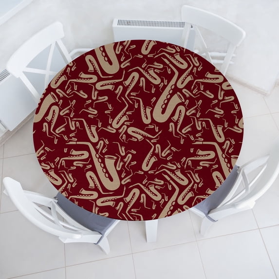 Ambesonne Jazz Vibes Fitted Round Tablecloth, Boho Art Saxophone Blues, 56"- 60" Diameter, Pale Mustard Raspberry