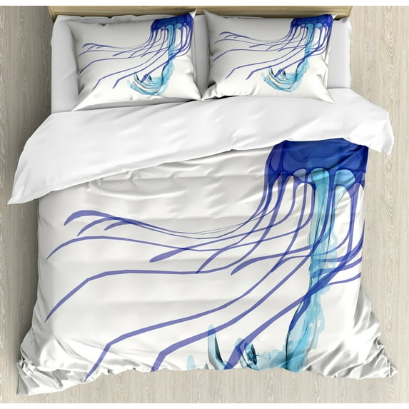 Ambesonne Jellyfish Duvet Cover Sets, Aquatic Animal Tentacles, 2-Queen, Off White Persian Blue