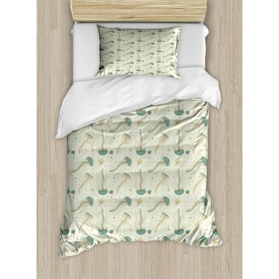 Ambesonne Jellyfish Duvet Cover Sets, Creature with Tentacles, 2-Twin, Eggshell Laurel Green