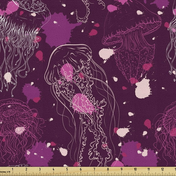 Ambesonne Jellyfish Fabric by the Yard Upholstery, Jellyfish Paint Drops, 1 Yard, Dark Magenta Rose