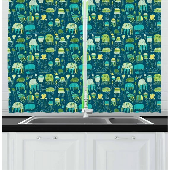Ambesonne Jellyfish Kitchen Curtains, Funny Sea Creatures, 55"x39", Multicolor