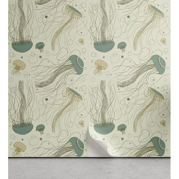 Ambesonne Jellyfish Peel & Stick Wallpaper for Home, Creature with Tentacles, 13"x100", Eggshell Laurel Green