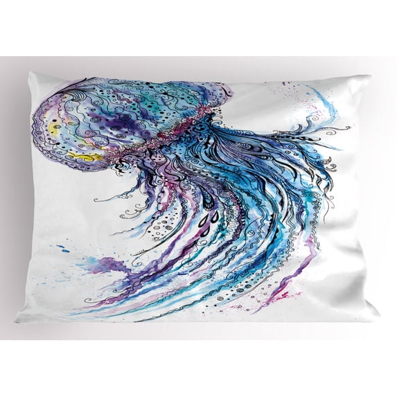Ambesonne Jellyfish Pillow Sham, Aqua Colors Creative, 26" X 20", Blue Purple White
