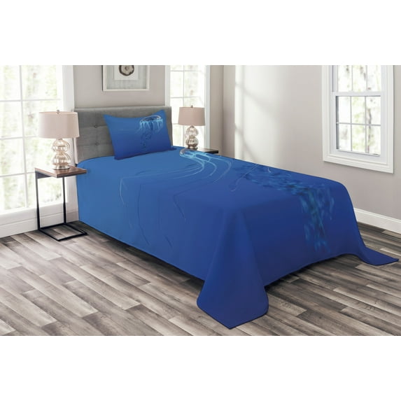 Ambesonne Jellyfish Quilted Bedspread Set 2 Pcs, Blue Ocean Animal, Twin Size, Blue