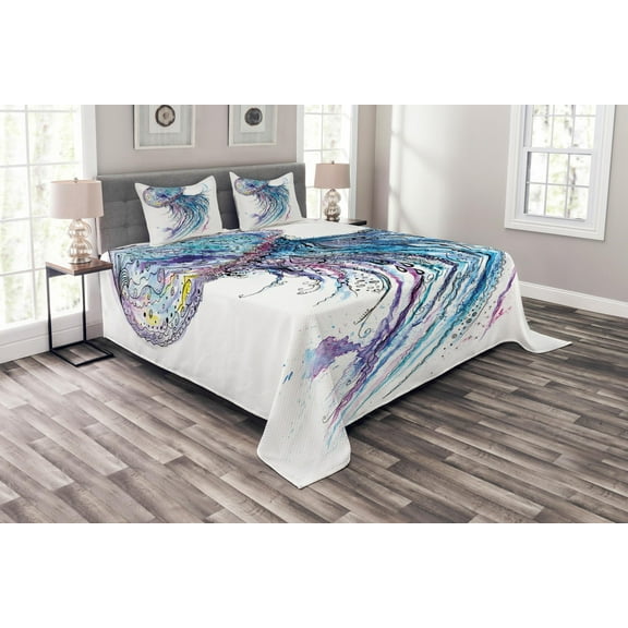 Ambesonne Jellyfish Quilted Bedspread Set 3 Pcs, Aqua Colors Creative, King Size, Blue Purple White