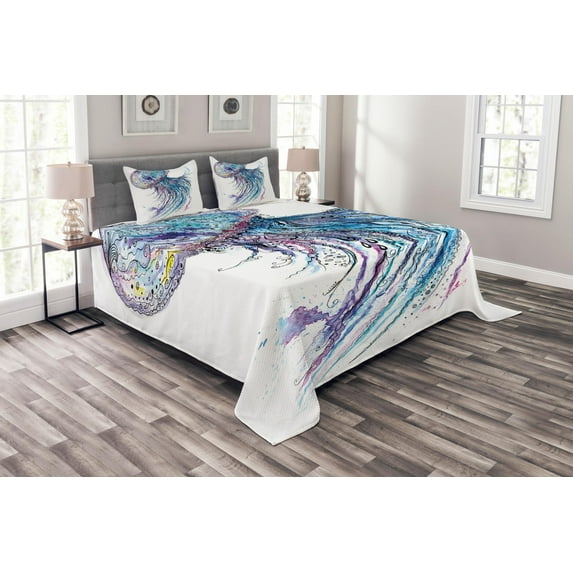 Ambesonne Jellyfish Quilted Bedspread Set 3 Pcs, Aqua Colors Creative, King Size, Blue Purple White