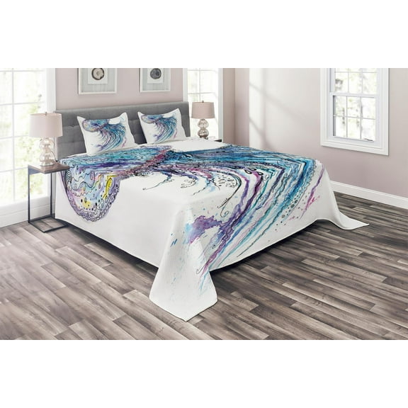 Ambesonne Jellyfish Quilted Coverlet 3 Pcs, Aqua Colors Creative, King Size, Blue Purple White