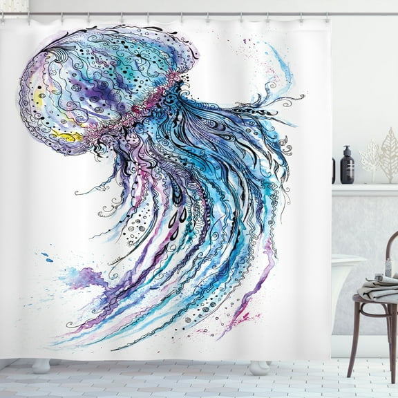 Ambesonne Jellyfish Shower Curtain, Aqua Colors Creative, 69"Wx84"L, Blue Purple White