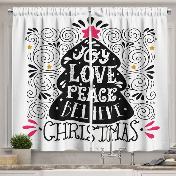 Ambesonne Joy Kitchen Curtains, Christmas Tree Pattern, 55"x45", Dark Coral Black White