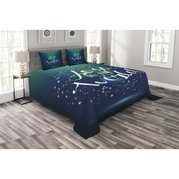 Ambesonne Joy Quilted Bedspread Set 3 Pcs, Calligraphy Joy to World, King Size, Dark Blue White