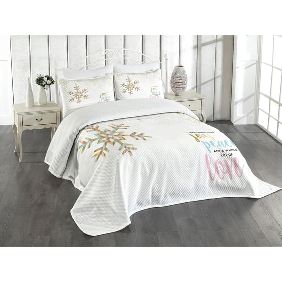 Ambesonne Joy Quilted Bedspread Set 3 Pcs, Christmas Snowflake Love, King Size, Pale Pink Pale Blue
