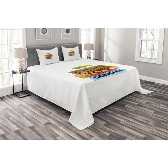 Ambesonne Joy Quilted Bedspread Set 3 Pcs, Inspirational Words Bird, Queen Size, Multicolor
