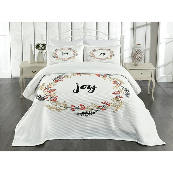 Ambesonne Joy Quilted Bedspread Set 3 Pcs, Wreaths Vintage Design, King Size, Pale Brown Red Black