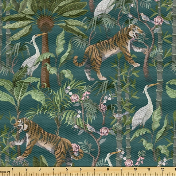 Ambesonne Jungle Animals Fabric by the Yard Upholstery, Tiger Crane Birds, 2 Yards, Green Teal and Ginger